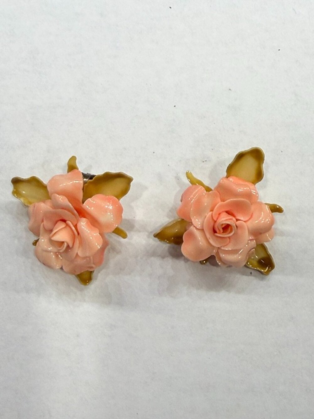 Vintage Celluloid Plastic Peach Rose Earrings Clip On